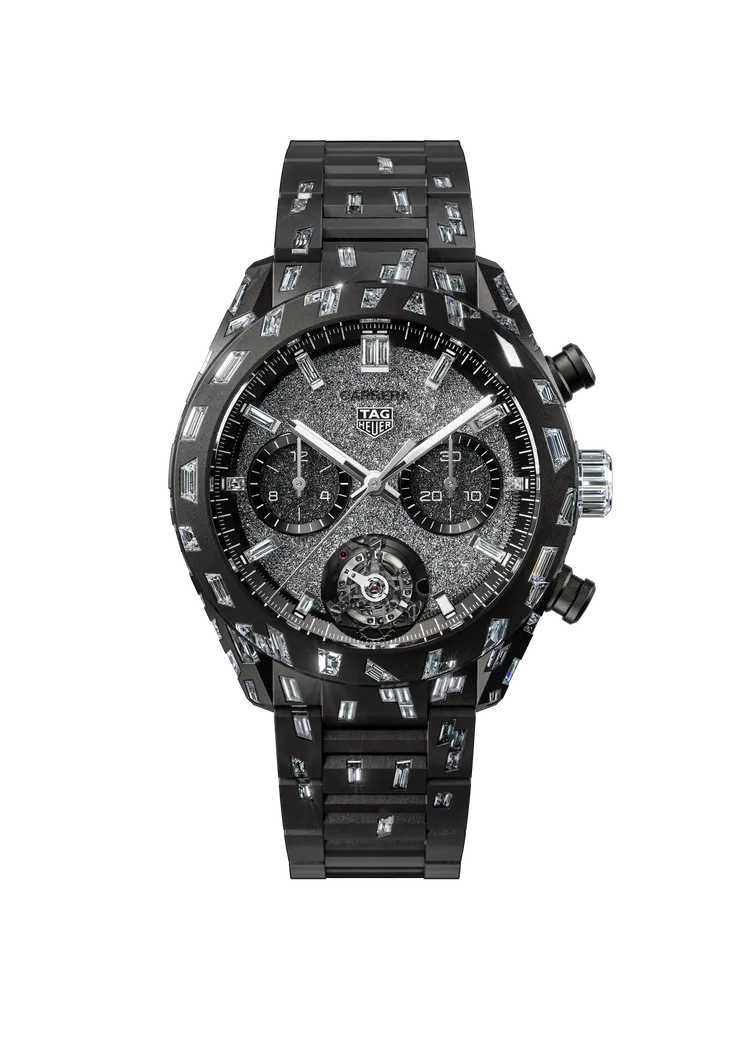TAG Heuer Carrera Plasma前衛鑽石陀飛輪計時腕錶，44mm，噴砂黑色陽極處理氧化鋁錶殼，多晶鑽石錶面，黑色鋁製錶帶，Calibre Heuer 02T Nanograph機芯，動力儲存65小時，鑽石總重15.5克拉，1683萬元。品牌提供