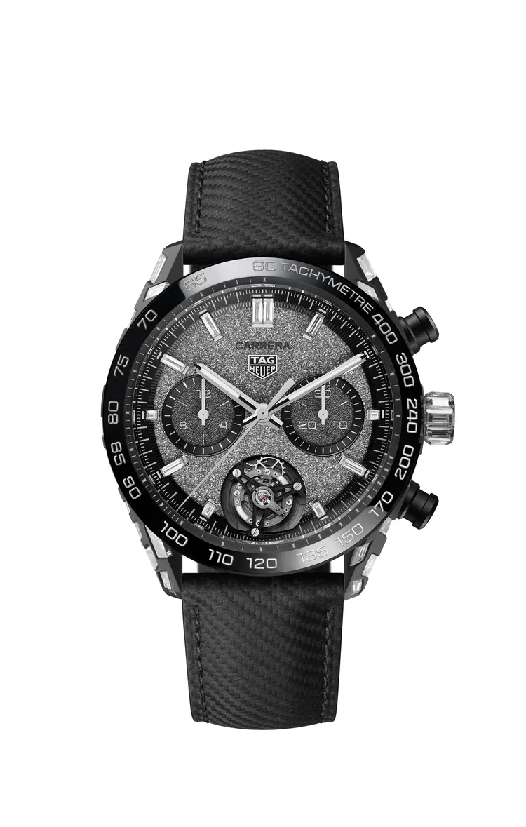 TAG Heuer Carrera Plasma前衛鑽石陀飛輪腕錶–編織皮帶款，44mm，噴砂黑色陽極處理氧化鋁錶殼，多晶鑽石錶面，黑色編織錶帶，Calibre Heuer 02T Nanograph機芯，動力儲存65小時，鑽石總重11.7克拉，1178萬元。品牌提供