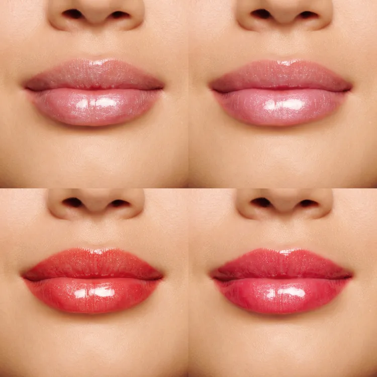 克蘭詩水感光嘟唇蜜唇部試色，（上排左至右）#20晶透冰雪、#21粉嫩薔薇；（下排左至右）#23紅茶石榴、#24漿果葡萄4色選。品牌提供