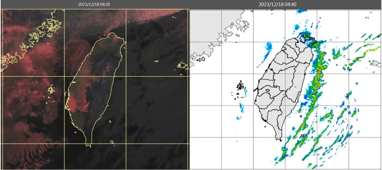 今(18日)晨4：20時真實色雲圖顯示，迎風面雲量漸減(左圖)。4：40雷達回波合成圖顯示，北海岸、東北角有降水回波(右圖)。取自氣象應用推廣基金會