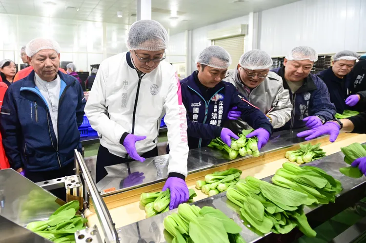張善政體驗智慧蔬菜輸送帶。桃園市府提供