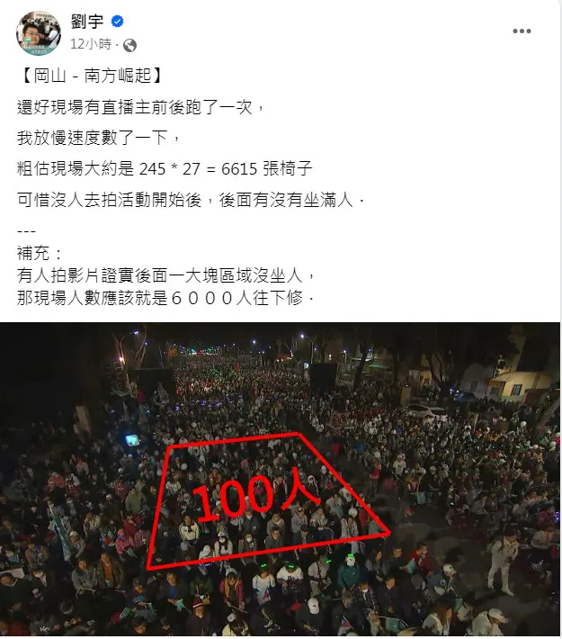 網紅四叉貓（劉宇）截圖直播主轉播柯文哲岡山造勢晚會畫面，吐槽：「現場約6615張椅子。」翻攝《劉宇》臉書