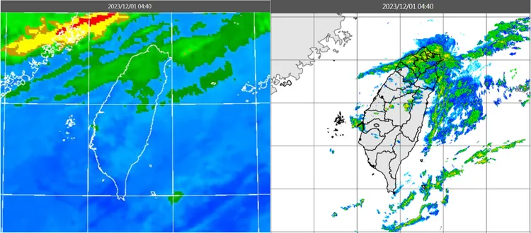 1日4：40紅外線色調強化雲圖顯示，中部以北有較多雲層(左圖)。4：40雷達回波合成圖顯示，中部以北有降水回波、北台灣回波較強(右圖)。取自氣象應用推廣基金會