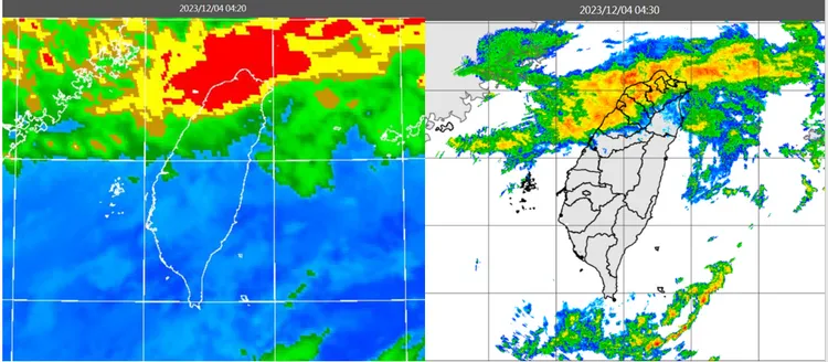 今(4日)晨4：20紅外線色調強化雲圖顯示，鋒面雲系移入(左圖)。4：30雷達回波合成圖顯示，伴隨帶狀降水回波(右圖)。取自氣象應用推廣基金會