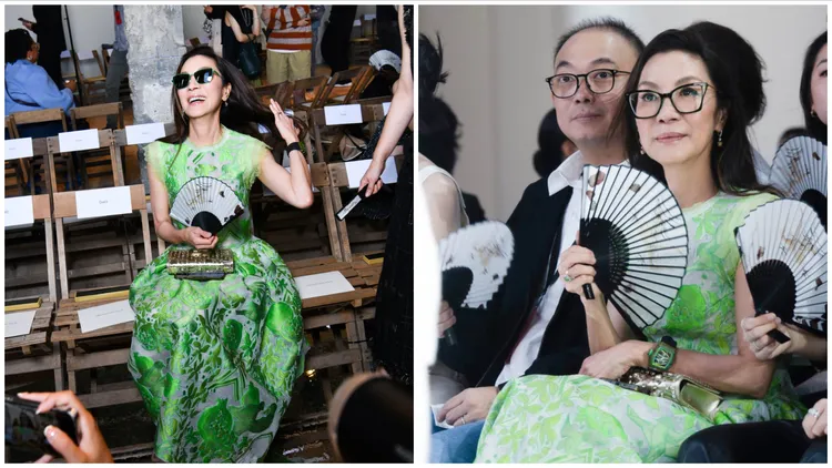 奧斯卡影后楊紫瓊10月身著了夏姿2024早春蘋果綠色開版圖騰緹花背心，搭配同款圖騰凹凸烏干紗緹花立體蓬裙，現身品牌大秀。品牌提供