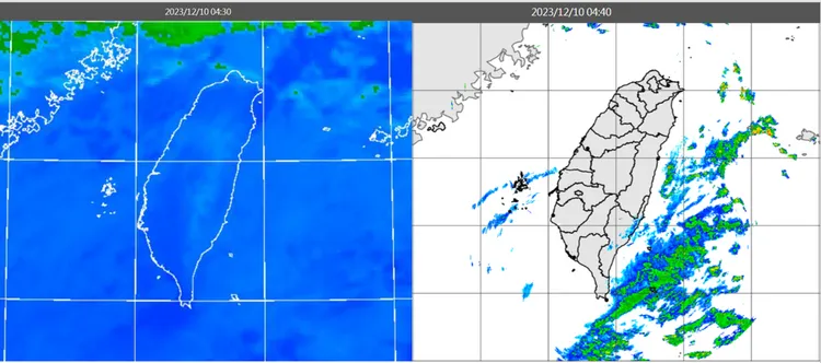 今(10日)晨4：30時紅外線色調強化雲圖顯示，各地晴朗，海上有零散低雲(左圖)。4：40雷達回波合成圖顯示，陸上無降水回波(右圖)。取自氣象應用推廣基金會