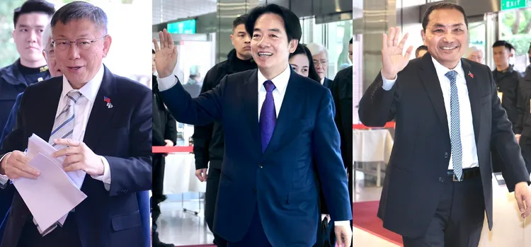 柯文哲(左起)、賴清德、侯友宜抵達政見會。林林攝