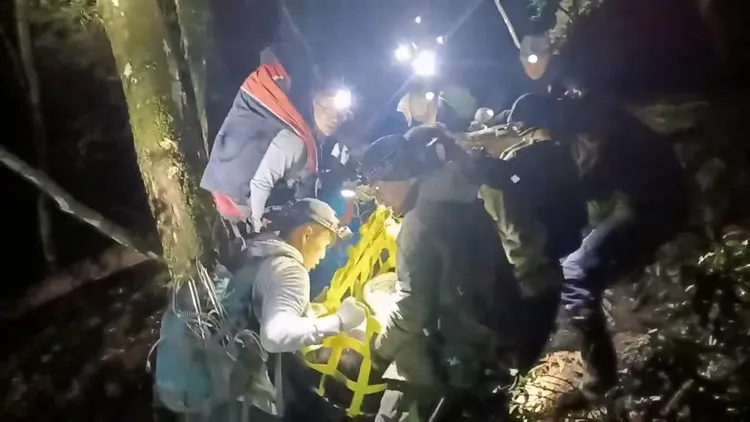 眾人合力將黑熊抬下山。林業保育署台中分署提供