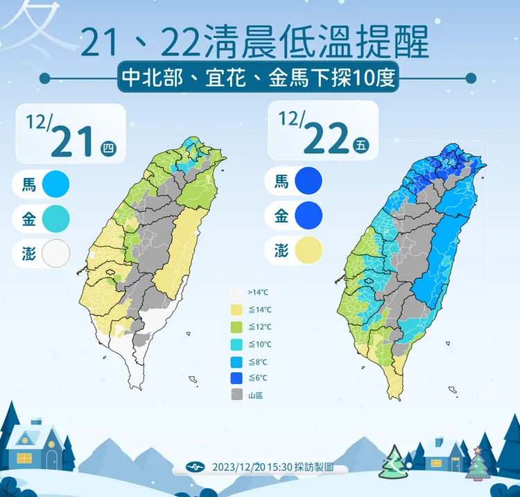 12/21、12/22清晨低溫提醒。氣象署提供