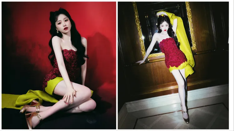 虞書欣以Miss Jane香檳金色粗跟高跟鞋搭配平口短洋裝。品牌提供