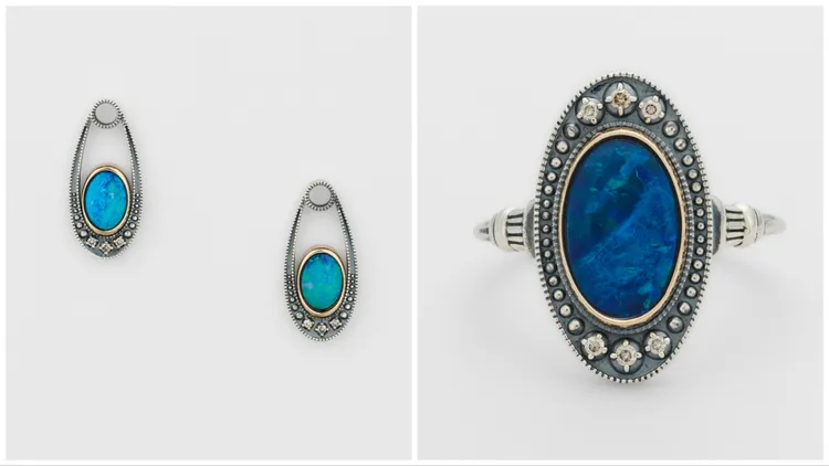 蛋白石x鑽石Combi OP Ruines耳墜（左）1萬8800元、蛋白石x鑽石Combi OP Ruines戒指（右）1萬6400元。品牌提供