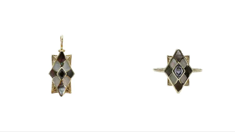 黑蝶貝x白蝶貝x堇青石Grisaille墜飾（左）3萬700元、黑蝶貝x白蝶貝x堇青石Grisaille戒指（右）3萬700元。品牌提供