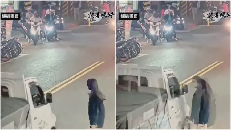 路旁監視器拍攝到，女子先是看著右側對向車過馬路，中途轉向左邊查看時已經來不及，下秒就與貨車發生碰撞。翻攝自記者爆料網