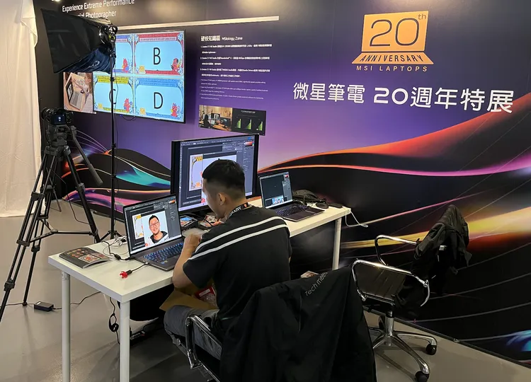 將「電競」概念帶入筆電產品並加入未來消費者所需的AI處理能力，讓觀展者能選擇體驗一日商業攝影師或遊戲直播主。周奕豪/攝