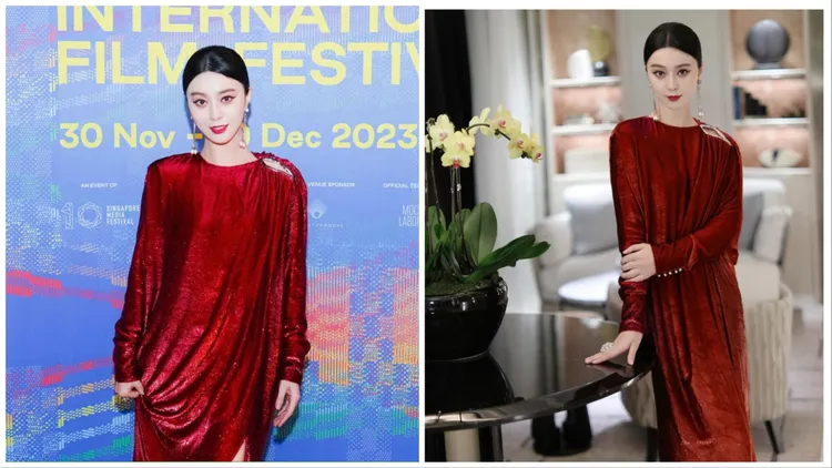 范冰冰穿著LANVIN的2023秋冬系列紅絲絨長洋裝。翻攝范冰冰IG