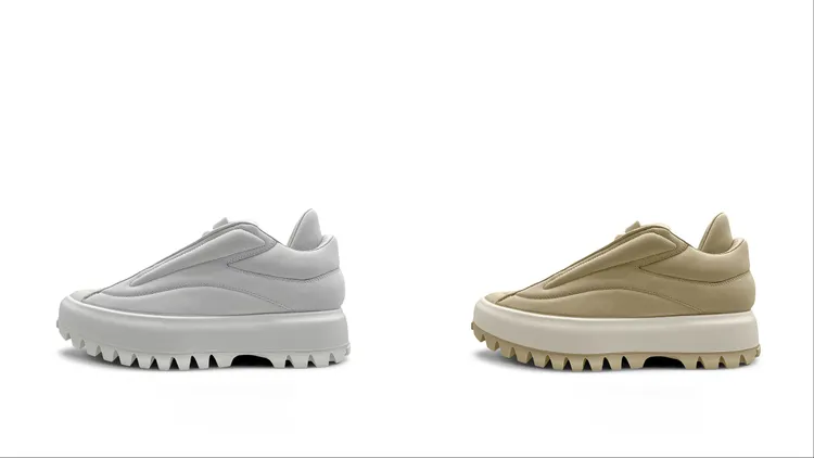 女款低筒（白色）1萬580元（左）、男款低筒（沙棕色）1萬1580元（右）。品牌提供