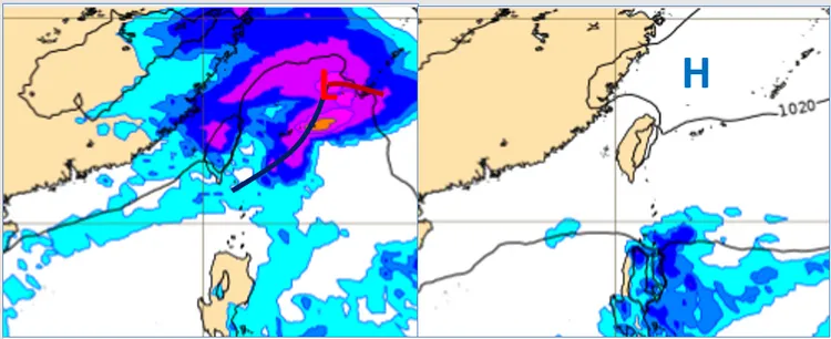 最新(2日20時)歐洲(ECMWF)模式，模擬4日20時地面氣壓及降水圖顯示，鋒面快速掠過，中部以北降雨明顯，南部亦偶有零星飄雨的機率(左圖)。模擬7日20時地面氣壓及降水圖則顯示，「大陸高壓」籠罩，各地晴朗穩定(右圖)。取自氣象應用推廣基金會