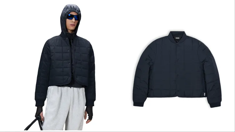 深海藍短版格紋絎逢造型夾克，7480元。品牌提供