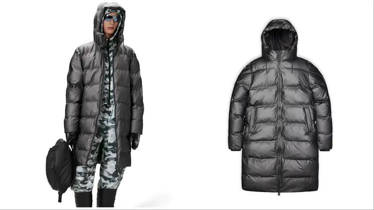 金屬灰長版連帽科技羽絨外套，1萬6580元。品牌提供