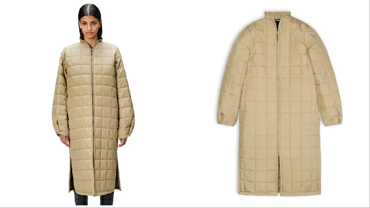 駝沙色格紋絎縫造型大衣，8780元。品牌提供