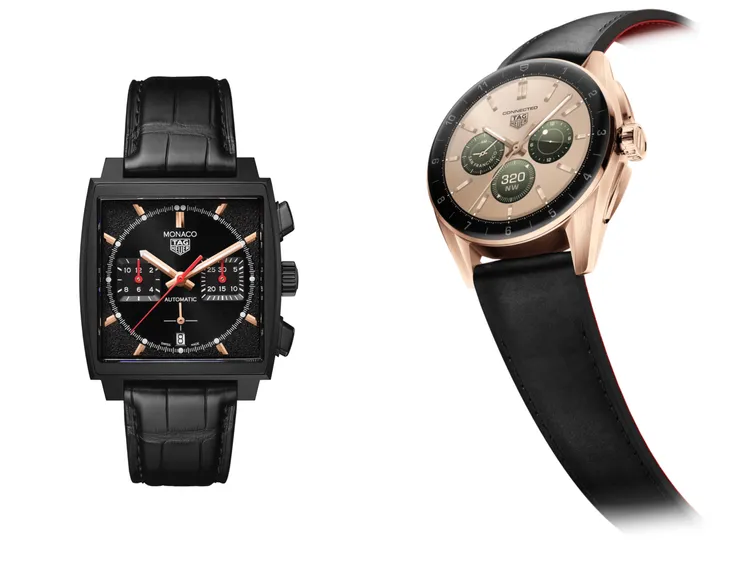 TAG Heuer Monaco Dark Lord特別版腕錶（左）29萬元、Connected Calibre E4智能腕錶42毫米燦金版（右）7萬5700元。品牌提供