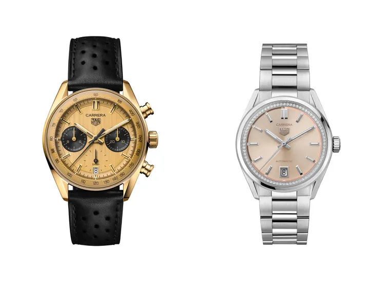 TAG Heuer Carrera Chronograph黃金計時腕錶（左）70萬6700元、Carrera日期36 毫米自動腕錶桃粉鑲鑽款（右）14萬8100元。品牌提供