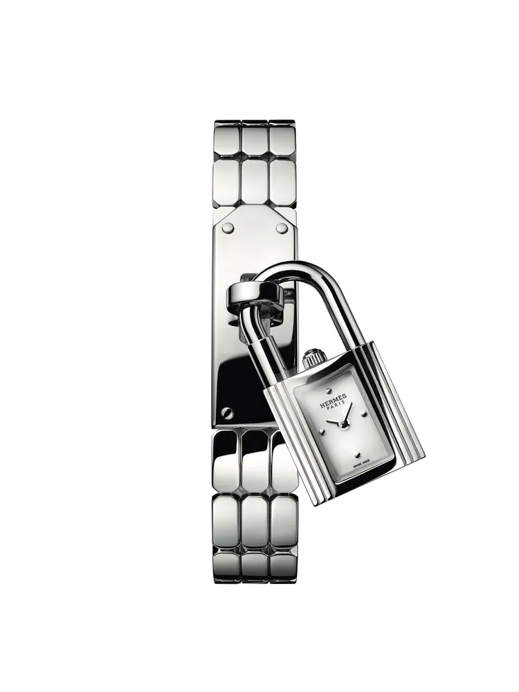 Kelly腕錶精鋼款，白色晶亮漆面錶盤，精鋼錶殼，精鋼錶鍊，14萬3500元。品牌提供