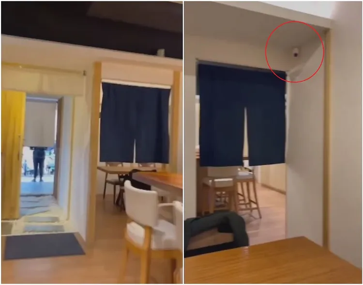 左圖為包廂外入口門簾隔絕，右圖為包廂內間世紀位置(紅圈處)。翻攝自朱學恒直播