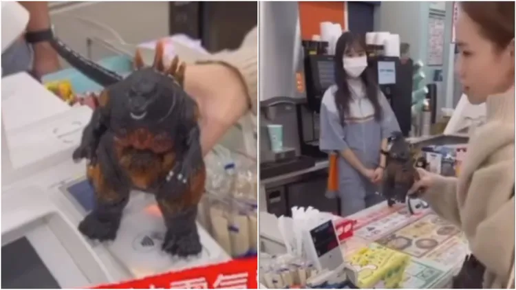 女店員盯著女客手拿的哥吉拉icash公仔猛瞧，而感應支付成功當下，哥吉拉發出經典吼叫聲、身上還散發紅光。翻攝自臉書「動物星球梗圖」