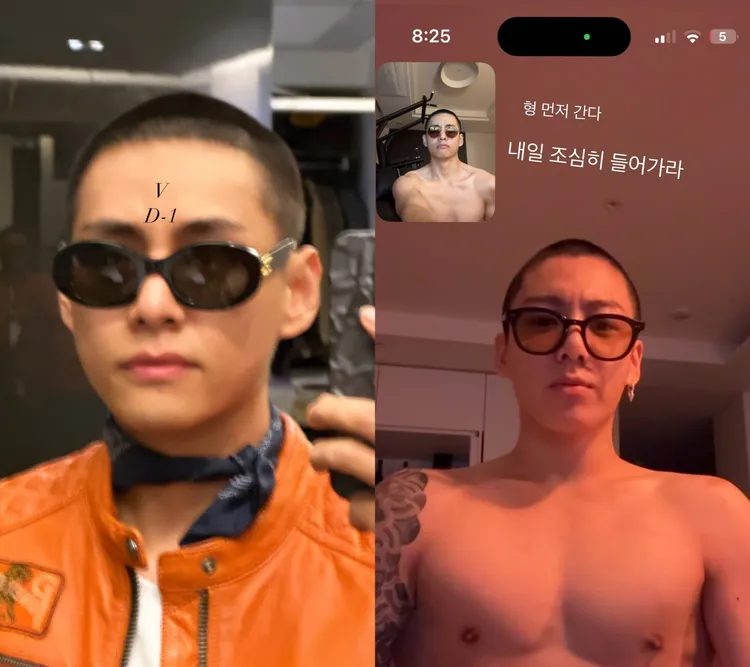 V（左圖）對剃平頭後戴墨鏡很憧憬，今曬出與柾國（右圖）的視訊照。翻攝V IG