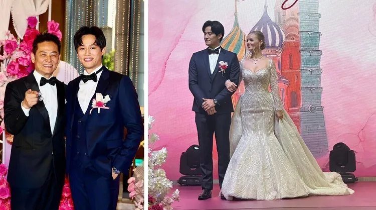 徐新洋娶俄羅斯妻，星爸徐乃麟日前開心辦兒婚宴。左圖資照、右圖翻攝柴智屏臉書