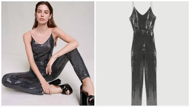 Maje亮片連身褲，1萬3390元。品牌提供