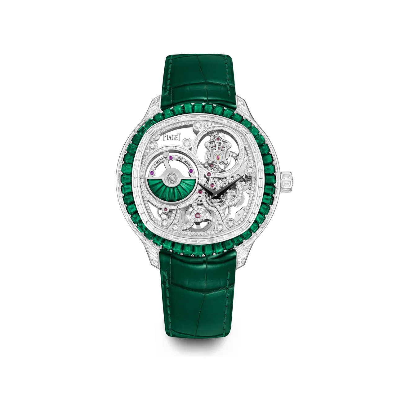 伯爵Polo Emperador系列18K白金祖母綠鑽石鏤空陀飛輪腕錶,49mm,18K金錶殼,深綠色鱷魚皮錶帶,自製1270D超薄陀飛輪機芯,動力儲存40小時,防水深度30米,4050萬元。品牌提供