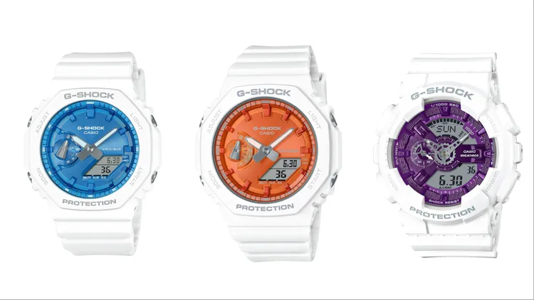 GA-2100WS（藍色）4200元、GMA-S2100WS（橘色）3900元、GA-110WS（紫）4900元。品牌提供