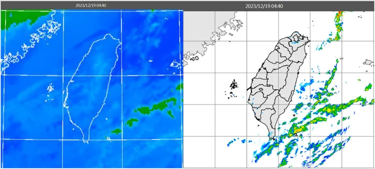 今(19日)晨4：40時紅外線色調強化雲圖顯示，北部有鬆散雲層通過(左圖)。4：40雷達回波合成圖顯示，伴隨零星降水回波(右圖)。取自氣象應用推廣基金會
