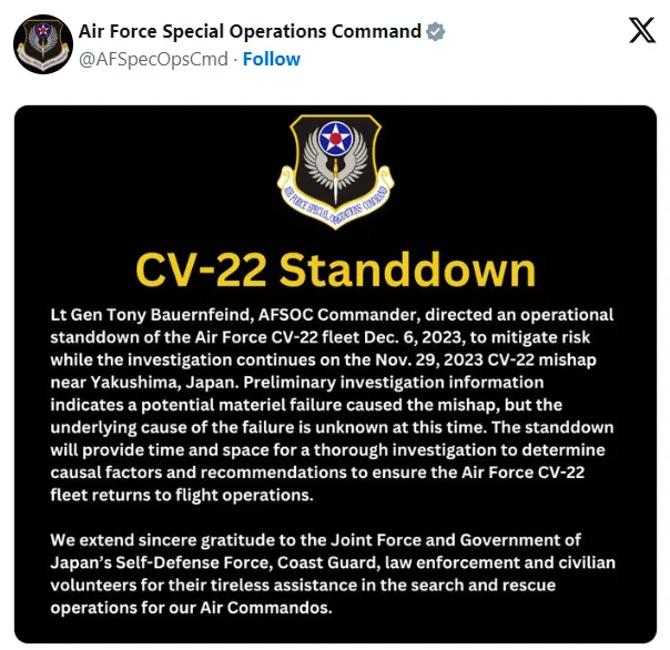 美國空軍特種作戰司令部下令停飛同型機，並將失事原因指向「材料失效」。翻攝ｘ＠Air Force Special Operations Command