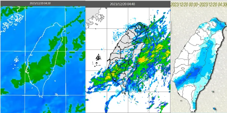 今(20日)晨4：30時紅外線色調強化雲圖顯示，迎風面有低層雲，中層雲從南方移入(左圖)。4：40雷達回波合成圖顯示，除北部、東半部外，南部地區及中部山區皆有降水回波(中圖)，伴隨局部降雨(右圖)。取自氣象應用推廣基金會
