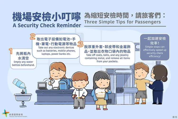 為加速安檢效率，旅客可事先將瓶內水清空、取出電子設備，並脫下外套。桃機公司提供