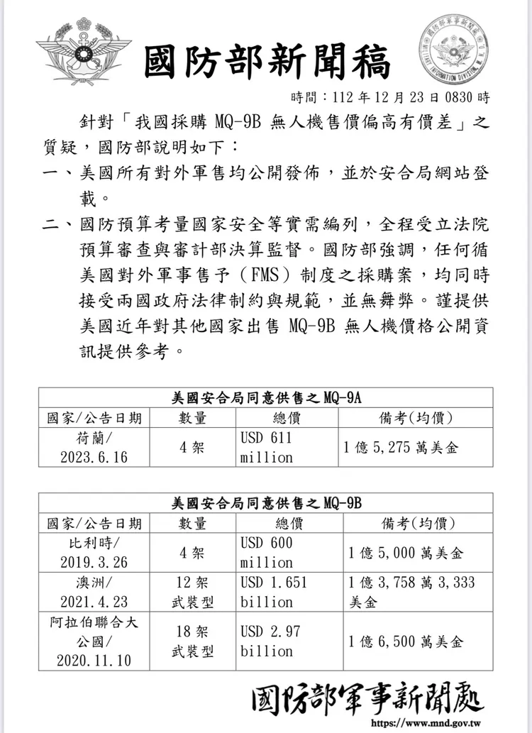 國防部公布近年各國購買死神無人機的價格。國防部提供