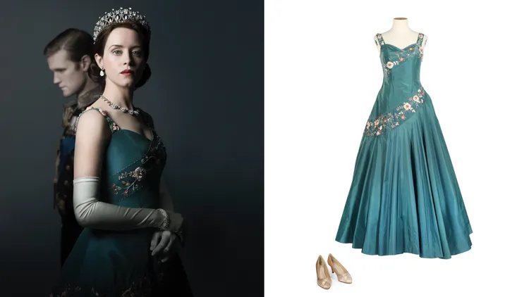 劇中女王身著的藍綠色舞會長裙，估價約3000至5000元英鎊（約118萬至197萬元台幣）。邦瀚斯提供