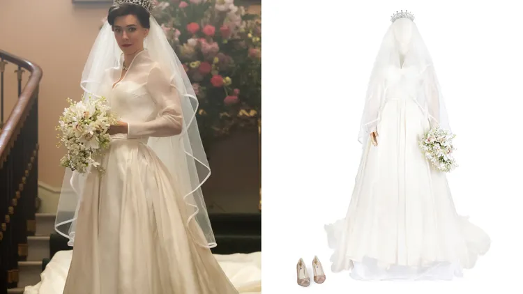 瑪嘉烈公主象牙白婚紗、頭紗、鞋、花球，估價約6000至8000元英磅（約23萬6000至31萬5000元台幣）。邦瀚斯提供