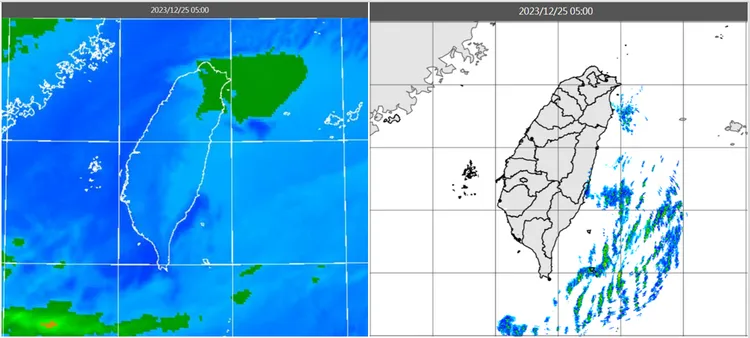 今(25日)晨5時紅外線色調強化雲圖顯示，北部、東半部有消散中的雲層(左圖)。5時雷達回波合成圖顯示，陸上無降水回波(右圖)。取自氣象應用推廣基金會