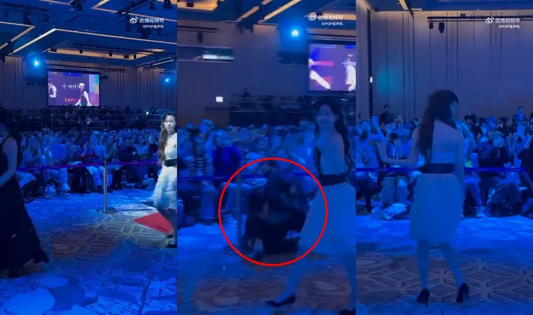 aespa走完紅毯退場時，突然有一名男粉試圖衝破封鎖線，保全機警飛撲他，Winter聽到騷動聲停下腳步察看。翻攝微博