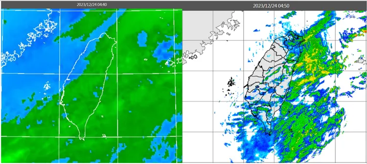 今(24日)晨4：40紅外線色調強化雲圖顯示，南方中層雲系東移通過中，迎風面仍有低層雲(左圖)。4：50雷達回波合成圖顯示，中層雲系回波較鬆散(右圖)。取自氣象應用推廣基金會