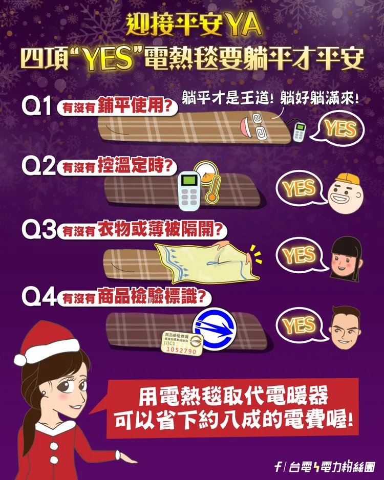 台電提醒電熱毯雖然是驅寒神器，但是關鍵一定要「躺平」，有4要原則一定要遵守。翻攝《台電電力粉絲團》