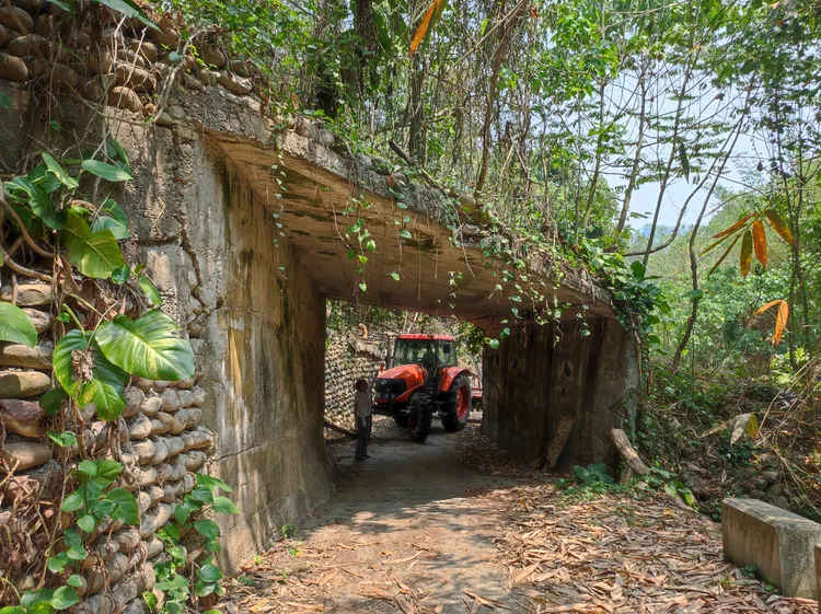 石板橋搭建的神秘涵洞有崩塌危險，影響大型農機具和車輛進出。張芬郁服務處提供