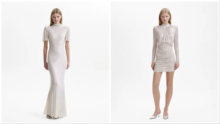 奶油白燙鑽立領散袖落地洋裝2萬6800元、奶油白燙鑽立領短洋裝2萬2800元。品牌提供
