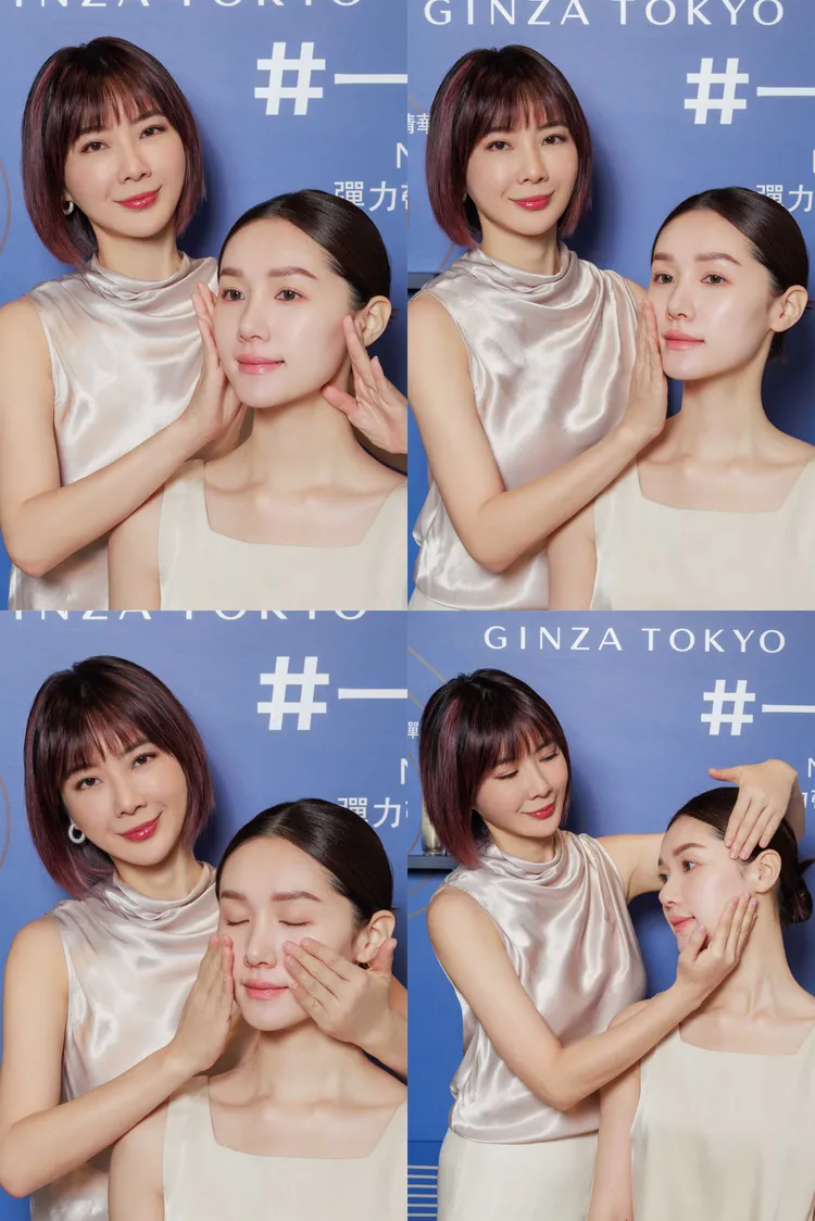 彩妝師游絲棋示範搭配新品的「小V臉按摩法」。品牌提供