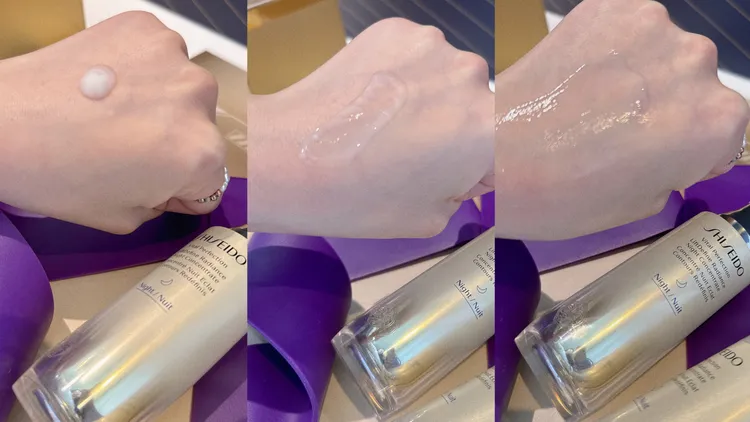 資生堂激抗痕彈力帶緊緻V臉夜間精華質地。張家玲攝