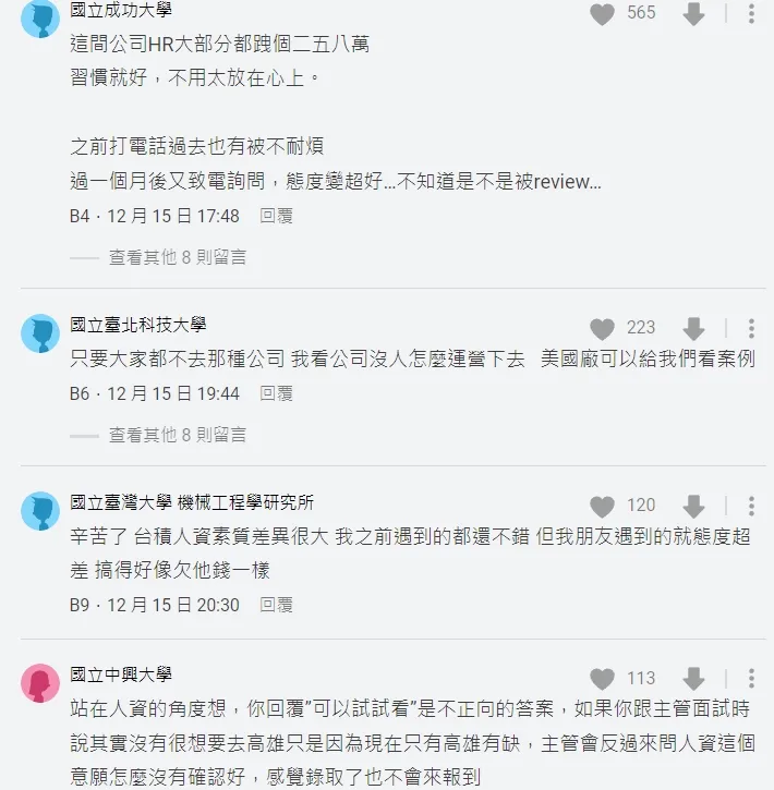 對於台積電人資的回應，網友看法不一。翻攝自論壇Dcard